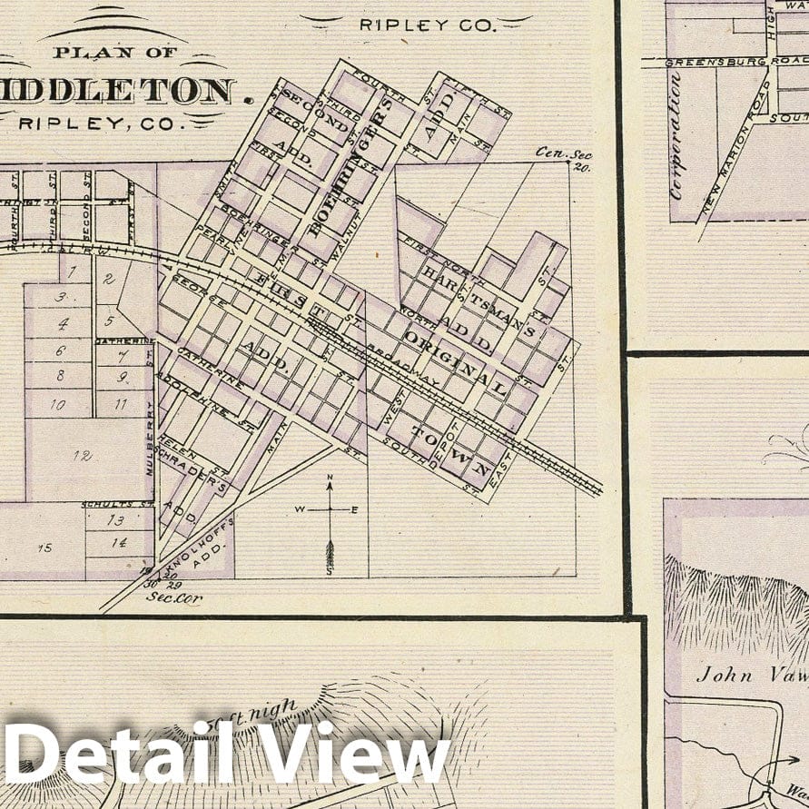 Historic Map : 1876 Plan of Vevay, Switzerland Co. (with) Patriot, Versailles, Osgood, New Marion, South Milan, Brooklyn, Middleton, Batesville. - Vintage Wall Art