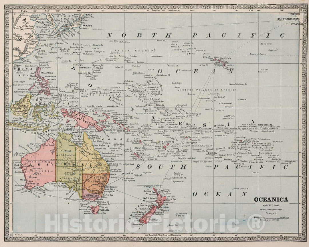 Historic Map : Oceania, Pacific 1883 Oceanica. , Vintage Wall Art