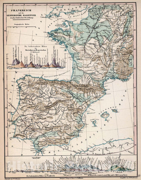 Historic Map : France, Iberian Peninsula. 1851 25. Frankreich und die Hesperische Halbinsel in physikalischer Beziehung , Vintage Wall Art