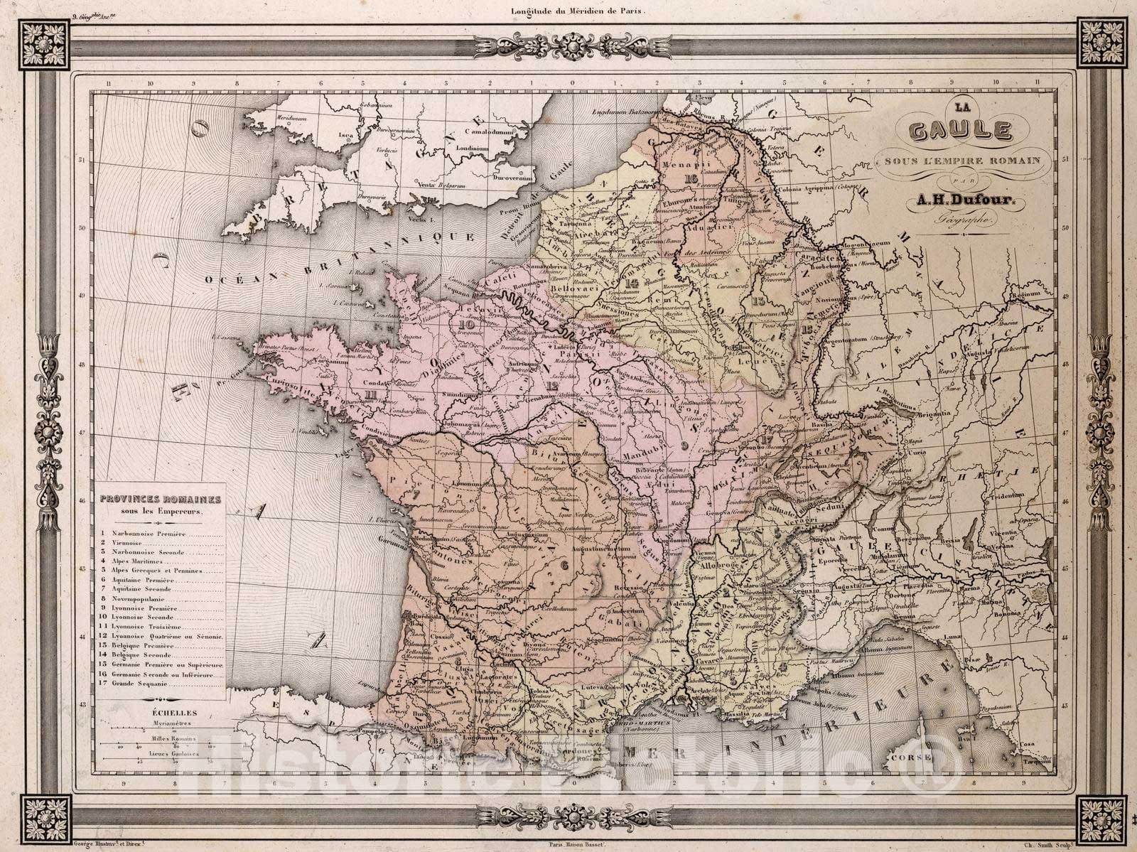 Historic Map : France, 1852 La Gaule sous L'Empire Romain. , Vintage Wall Art