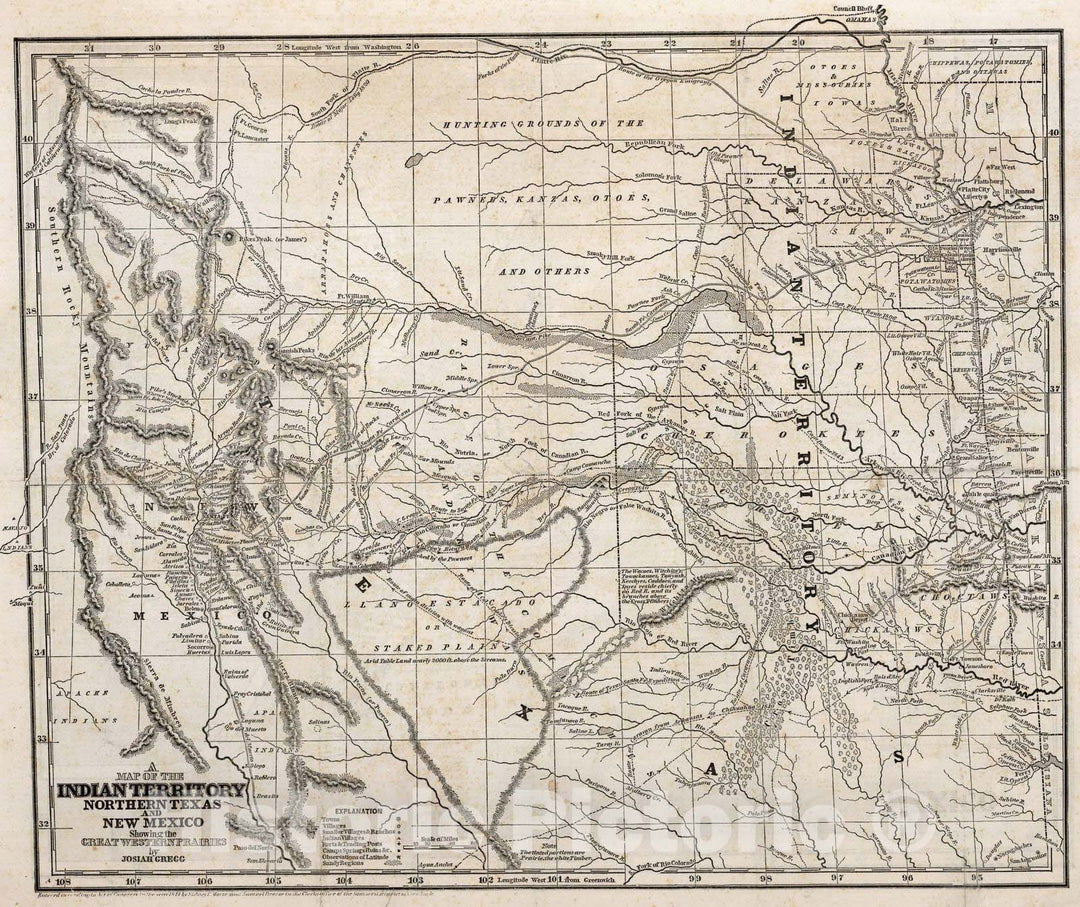 Historic Map : National Atlas - 1844 Historic Wall Map of the Indian territory : Northern Texas and New Mexico - Vintage Wall Art