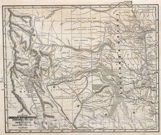 Historic Map : National Atlas - 1844 Historic Wall Map of the Indian territory : Northern Texas and New Mexico - Vintage Wall Art