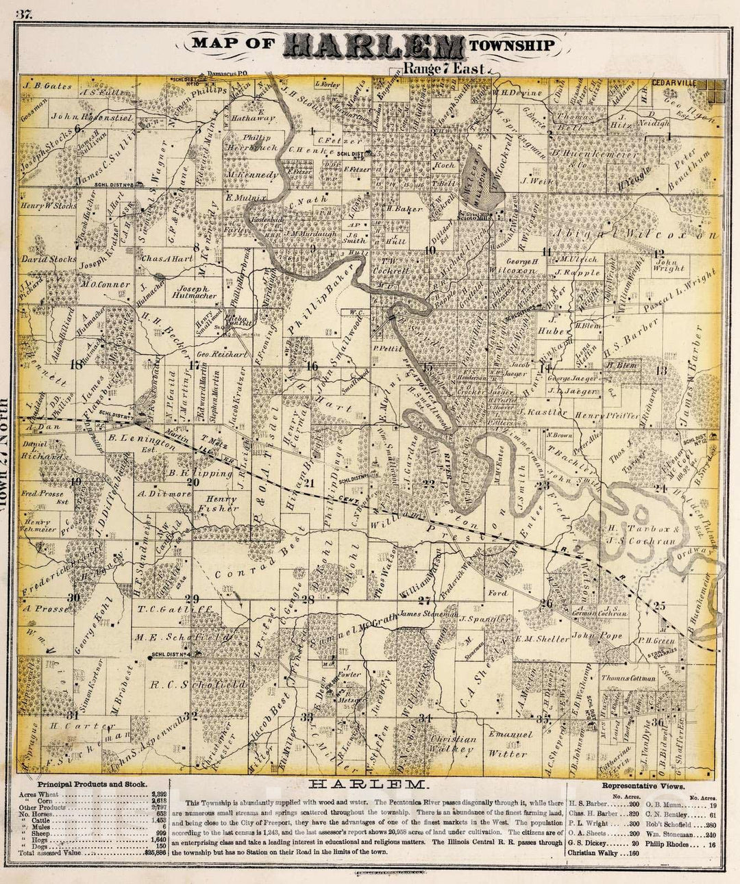 Historic Map : 1871 Harlem Township, Stephenson County, Illinois. - Vintage Wall Art