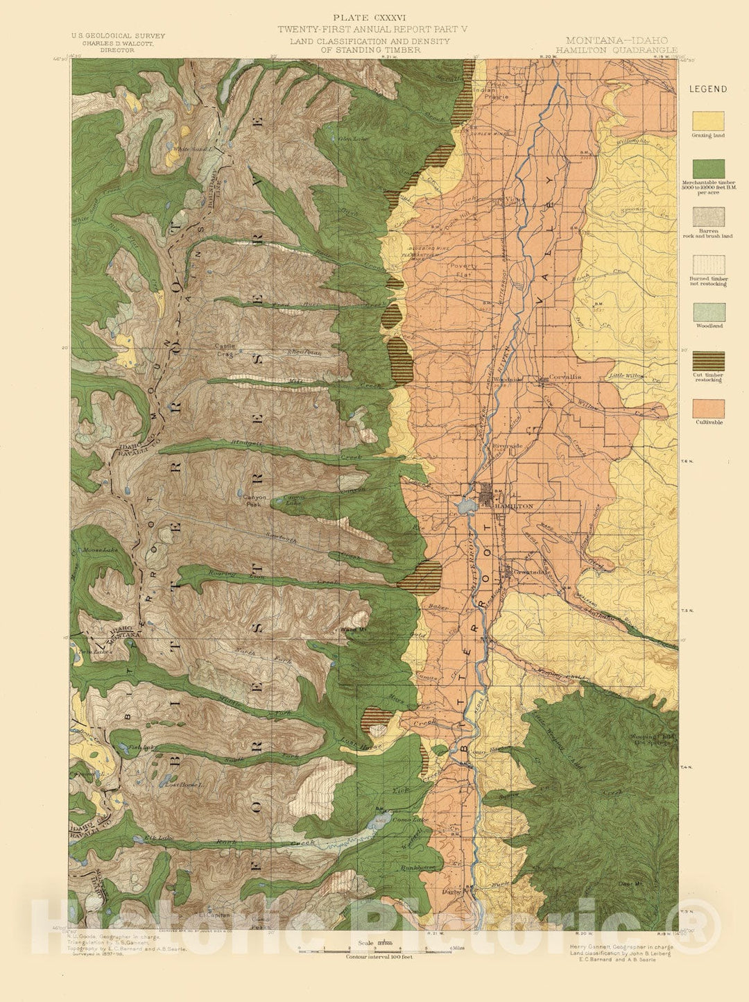 Historic Map - Geologic Atlas - 1900 Plate CXXXVI. Hamilton Quadrangle, Montana-Idaho, Land Classification and Density of Standing Timber. - Vintage Wall Art