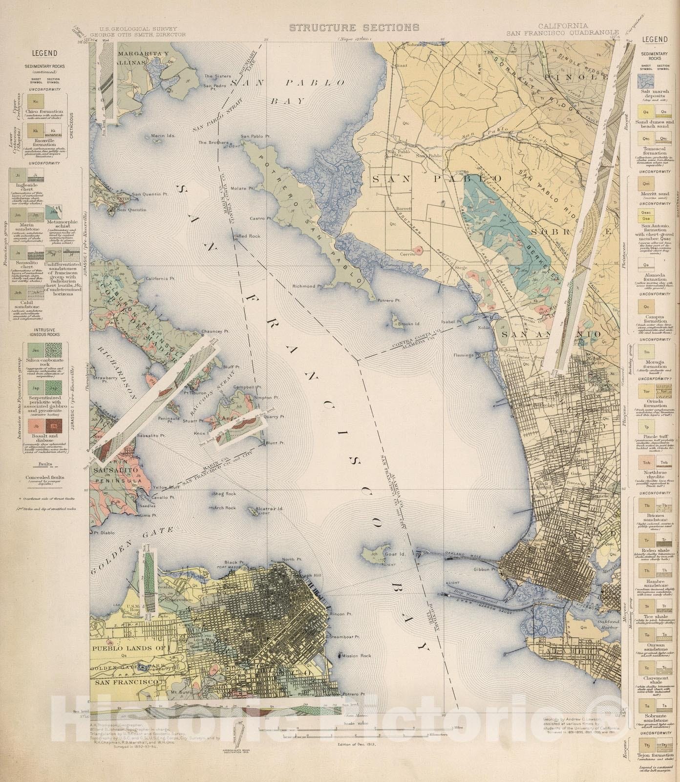 Historic Map : Geologic Atlas - 1913 San Francisco Quadrangle. Structure Sections. - Vintage Wall Art