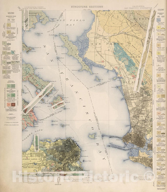 Historic Map : Geologic Atlas - 1913 San Francisco Quadrangle. Structure Sections. - Vintage Wall Art