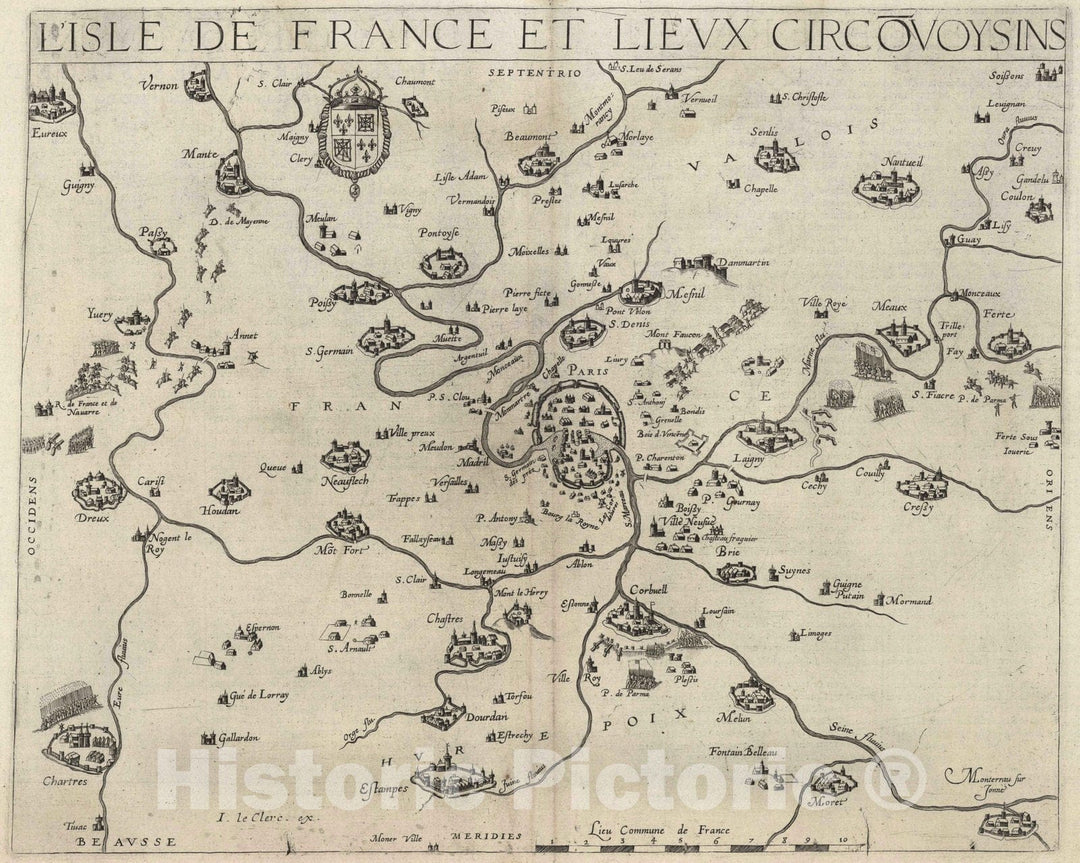 Historic Map : L'Isle de France , 1632 L'Isle de France et Lieux Circovoysins. , Vintage Wall Art