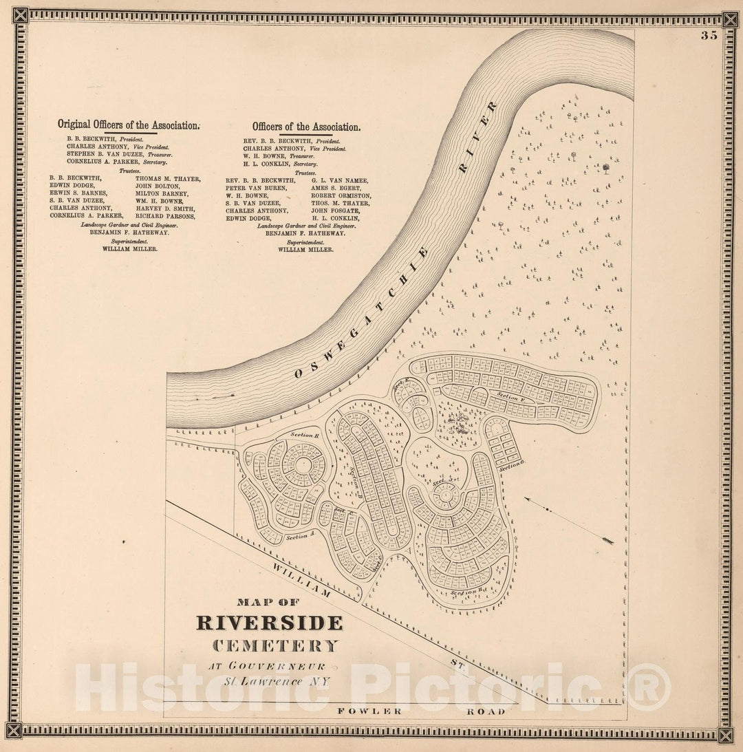 Historic Map : 1865 Map of Riverside Cemetary at Gouverneur, Saint Lawrence, New York. - Vintage Wall Art