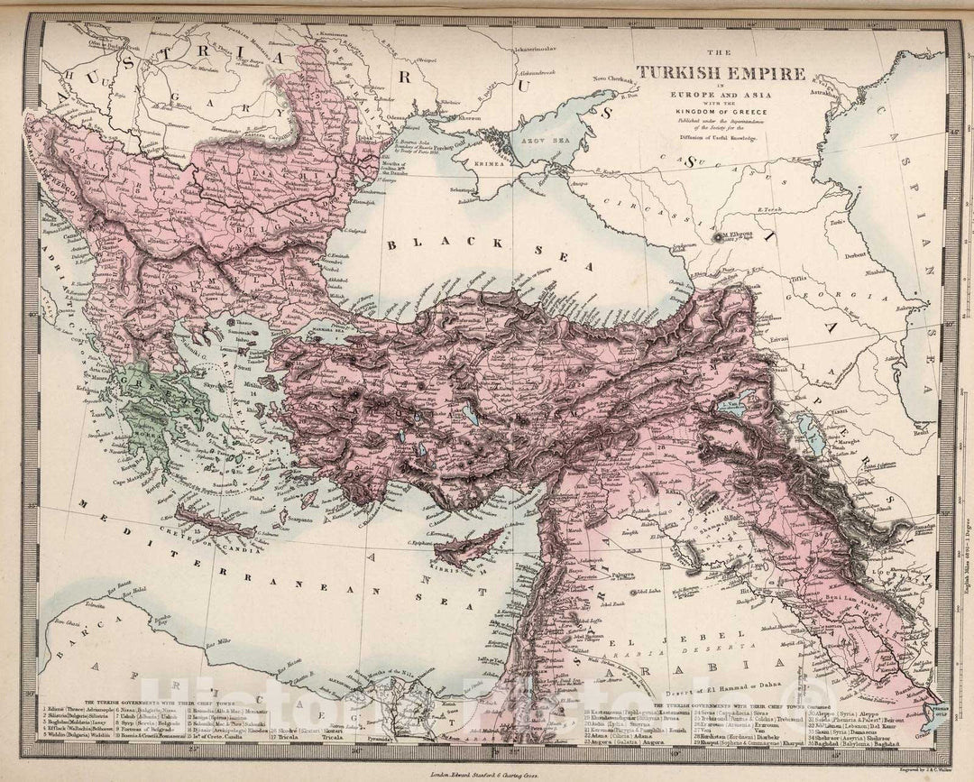 Historic Map : 1865 Turkish Empire with the Kingdom of Greece. - Vintage Wall Art