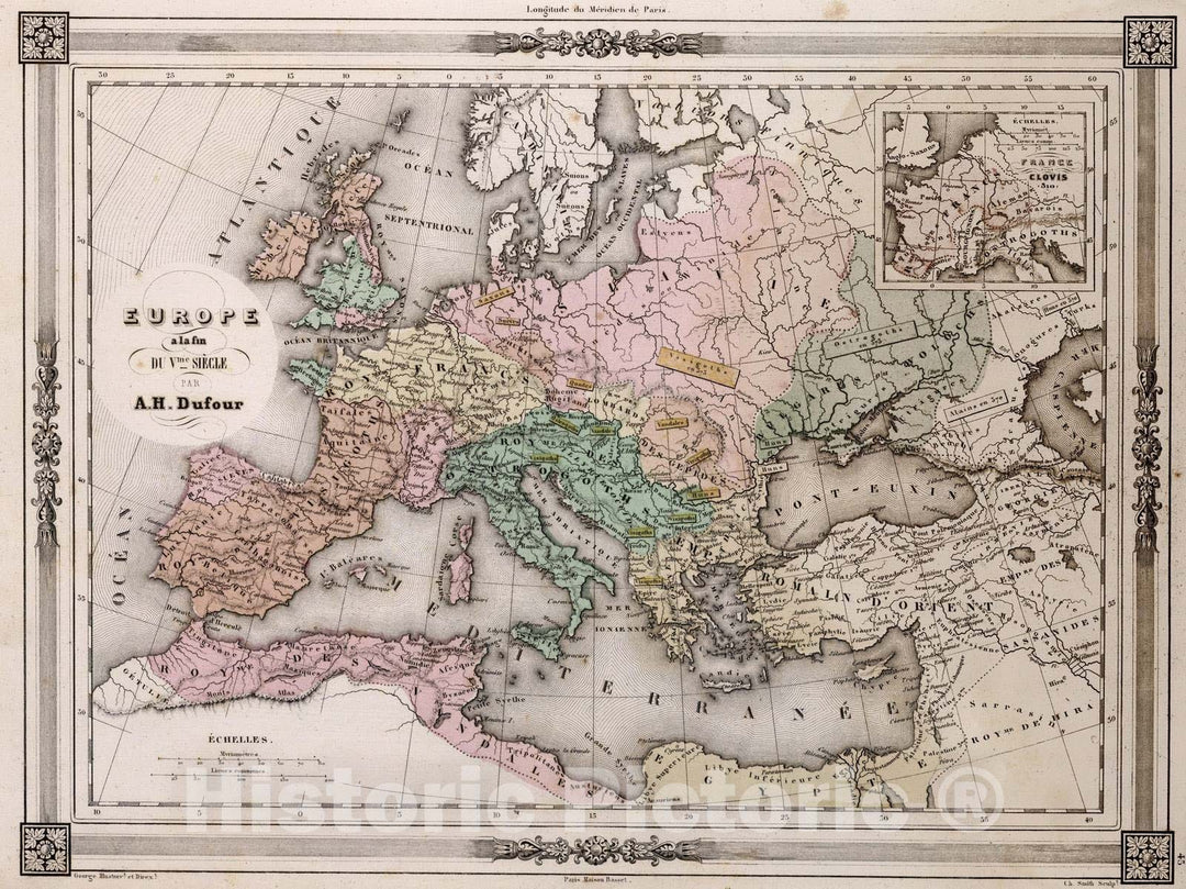 Historic Map : 1852 Europe a la fin du Vme Siecle. - Vintage Wall Art