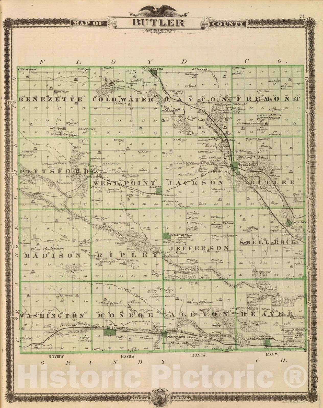 Historic Map : 1875 Map of Butler County, State of Iowa. - Vintage Wall Art