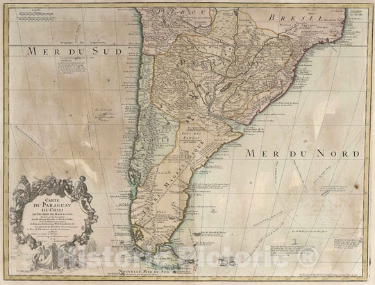 Historic Map : Paraguay, , South America 1703 Carte du Paraguay, du Chili, du Detroit de Magellan &c. , Vintage Wall Art