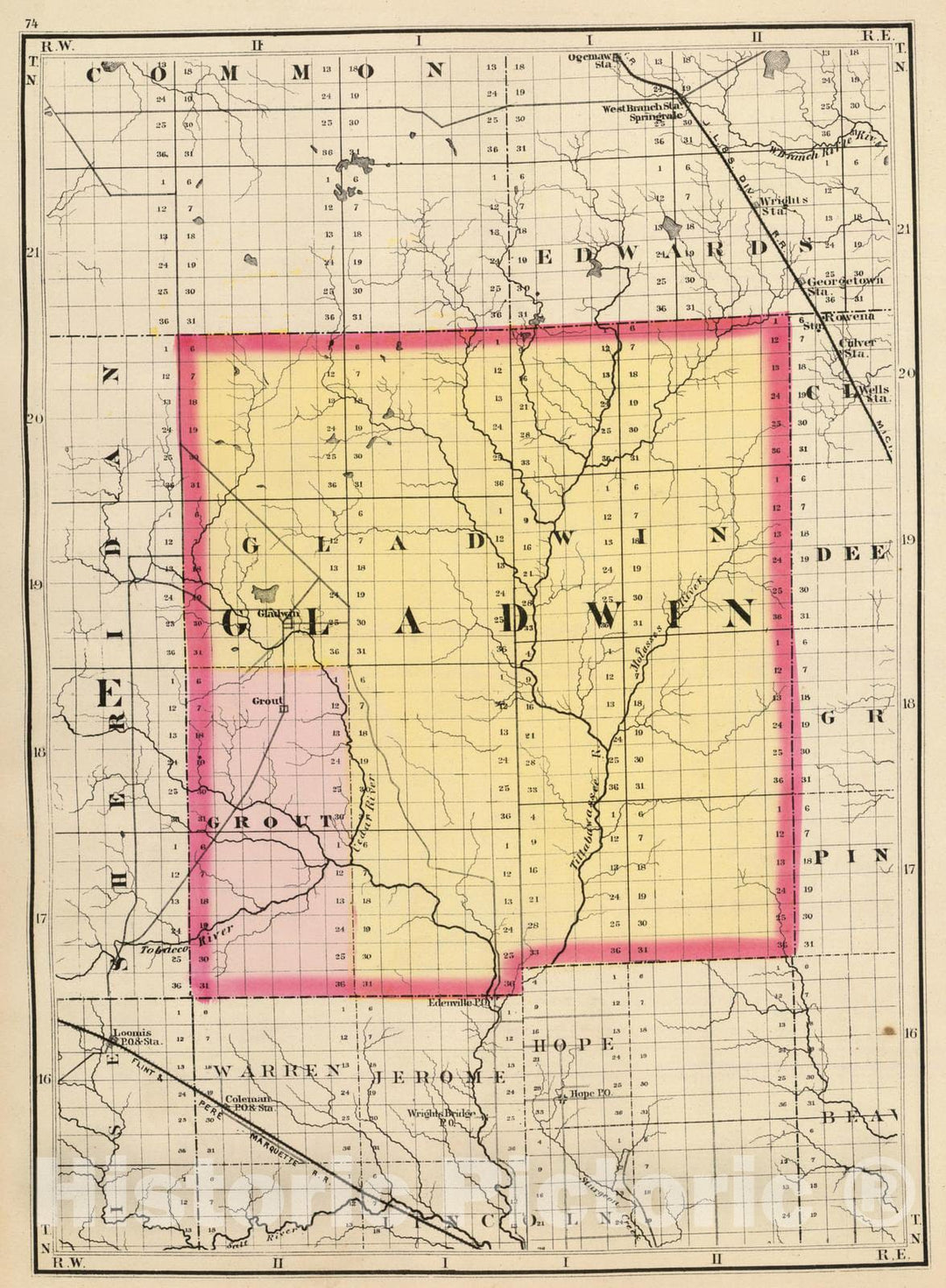 Historic Map : 1873 (Map of Gladwin County, Michigan) - Vintage Wall Art