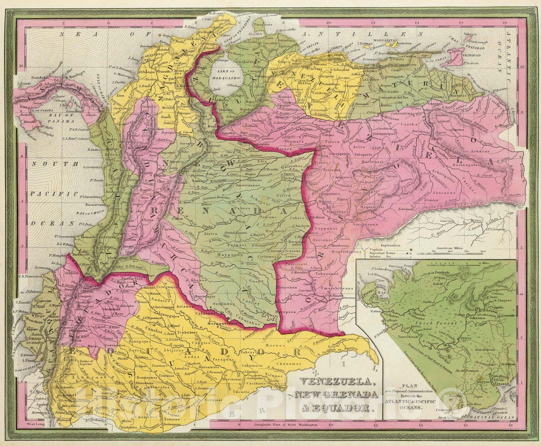 Historic Map : Ecuador; Venezuela, 1846 Venezuela, New Grenada & Equador. , Vintage Wall Art