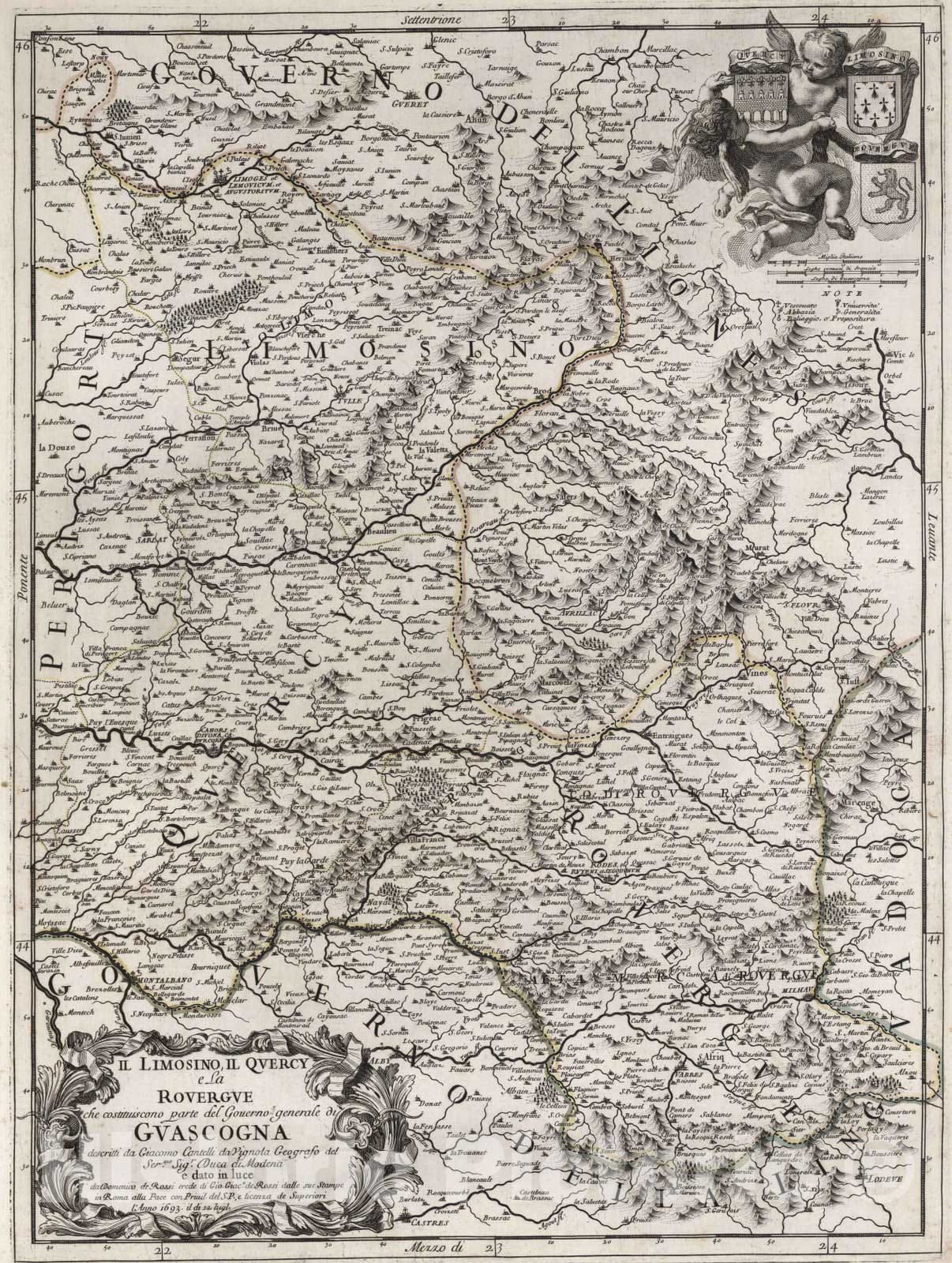 Historic Map : France, , Europe 1693 Il Limosino, il Quercy e La Rouergue , Vintage Wall Art