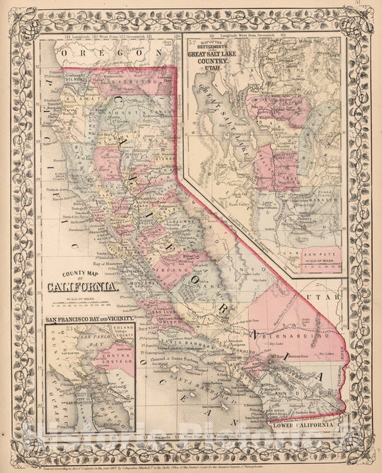 Historic Wall Map : 1868 County map of California. Map of the Settlements in the Great Salt Lake Country. Utah. San Francisco Bay and Vicinity. - Vintage Wall Art