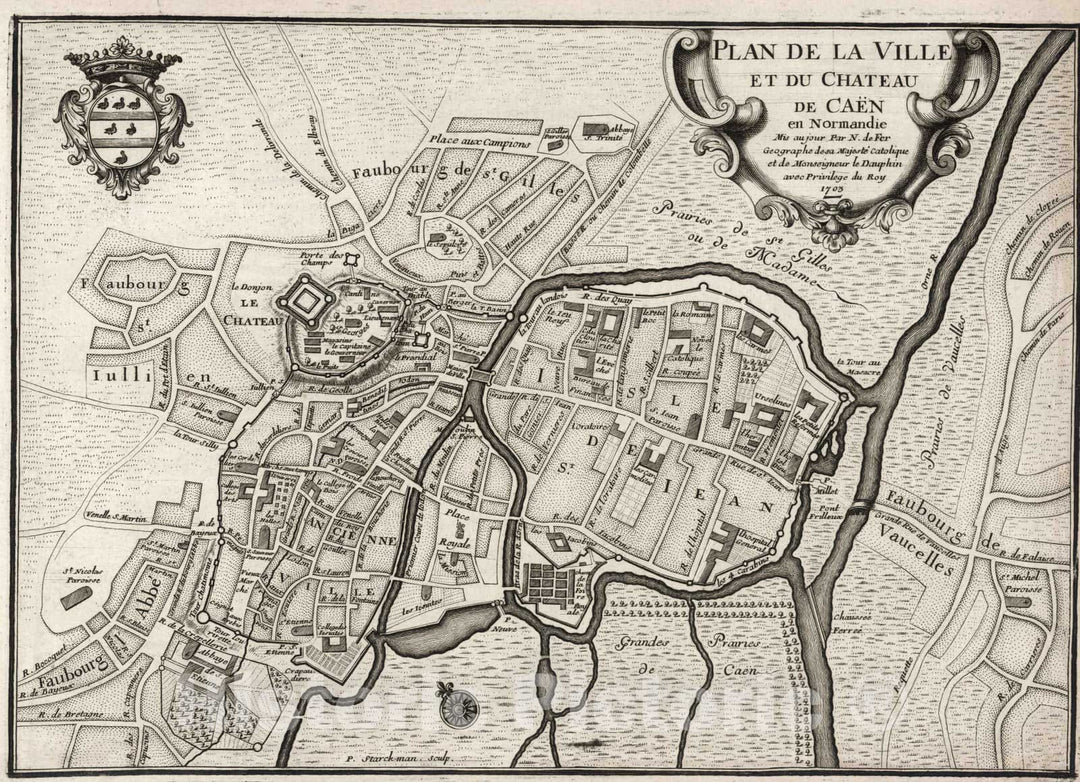 Historic Map : 1703 Plan de la Ville et du Chateau de Caen, France. - Vintage Wall Art