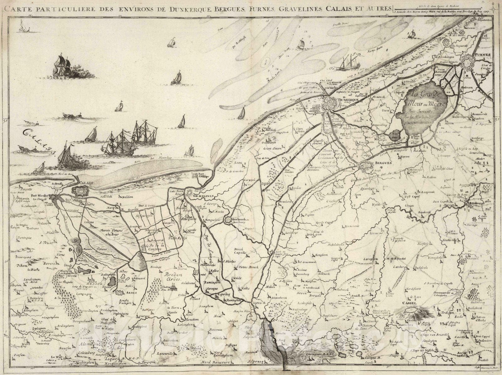 Historic Wall Map : France, 1707 8. Carte particuliere des environs de Dunquerque, Bergues, Furnes, Gravelines, Calais, et autres. 1707. , Vintage Wall Art