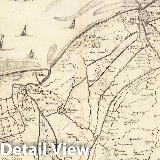 Historic Wall Map : France, 1707 8. Carte particuliere des environs de Dunquerque, Bergues, Furnes, Gravelines, Calais, et autres. 1707. , Vintage Wall Art