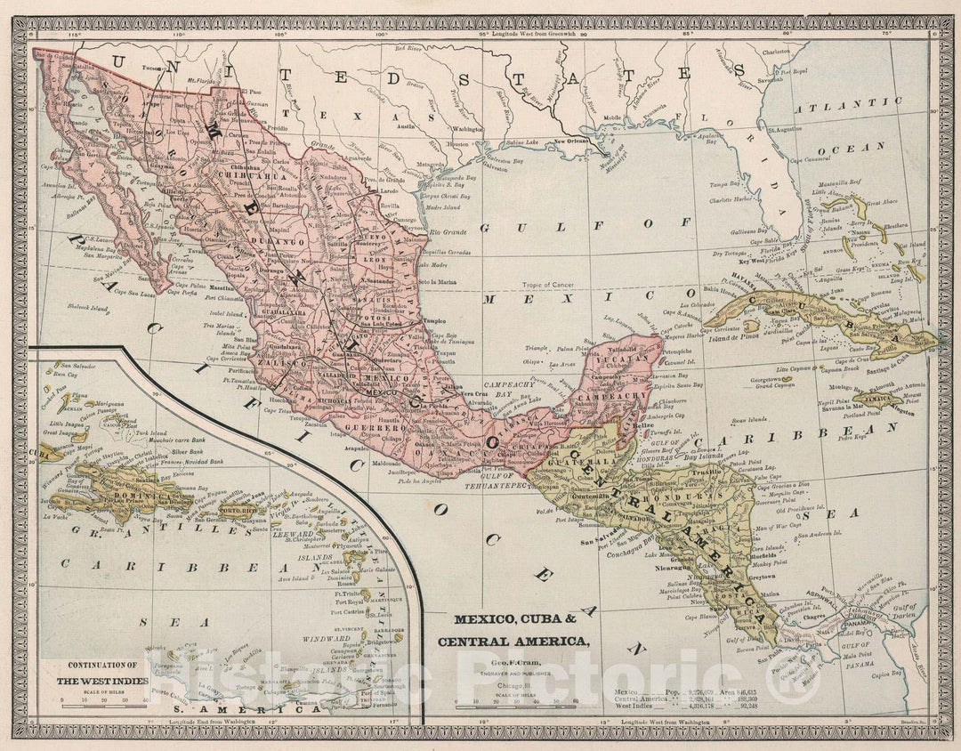 Historic Map : 1883 Mexico, Cuba, and Central America. - Vintage Wall Art