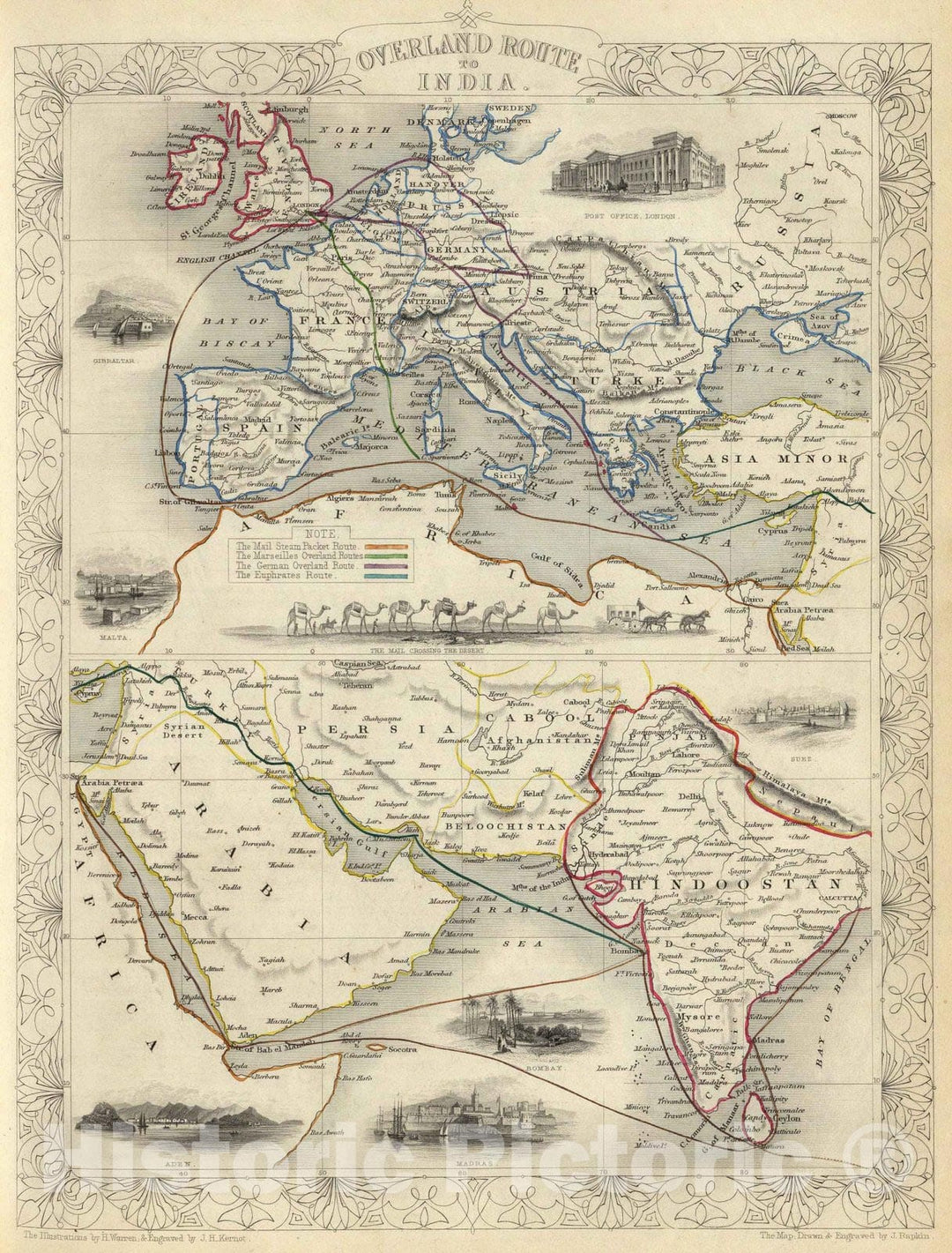 Historic Map : 1851 Overland Route To India. - Vintage Wall Art