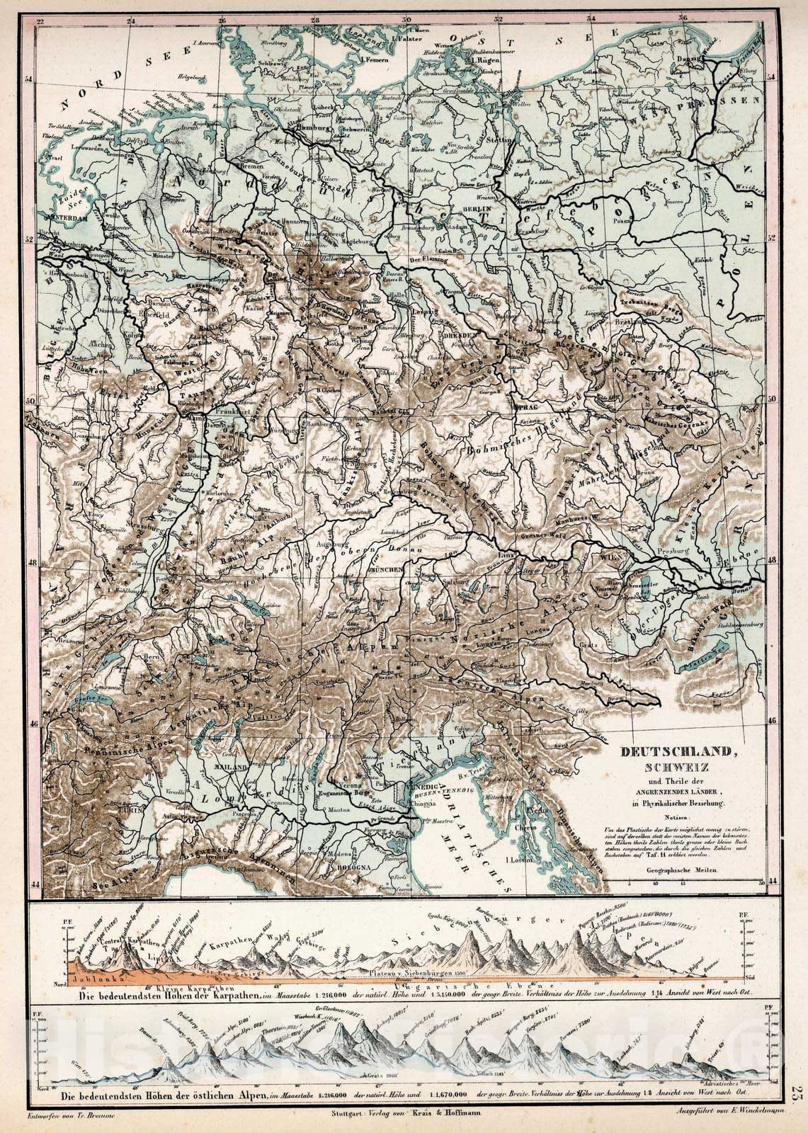 Historic Map : Germany, Eastern Europe 1851 23. Deutschland, Schweiz und Theile der angr?zenden L?der , Vintage Wall Art