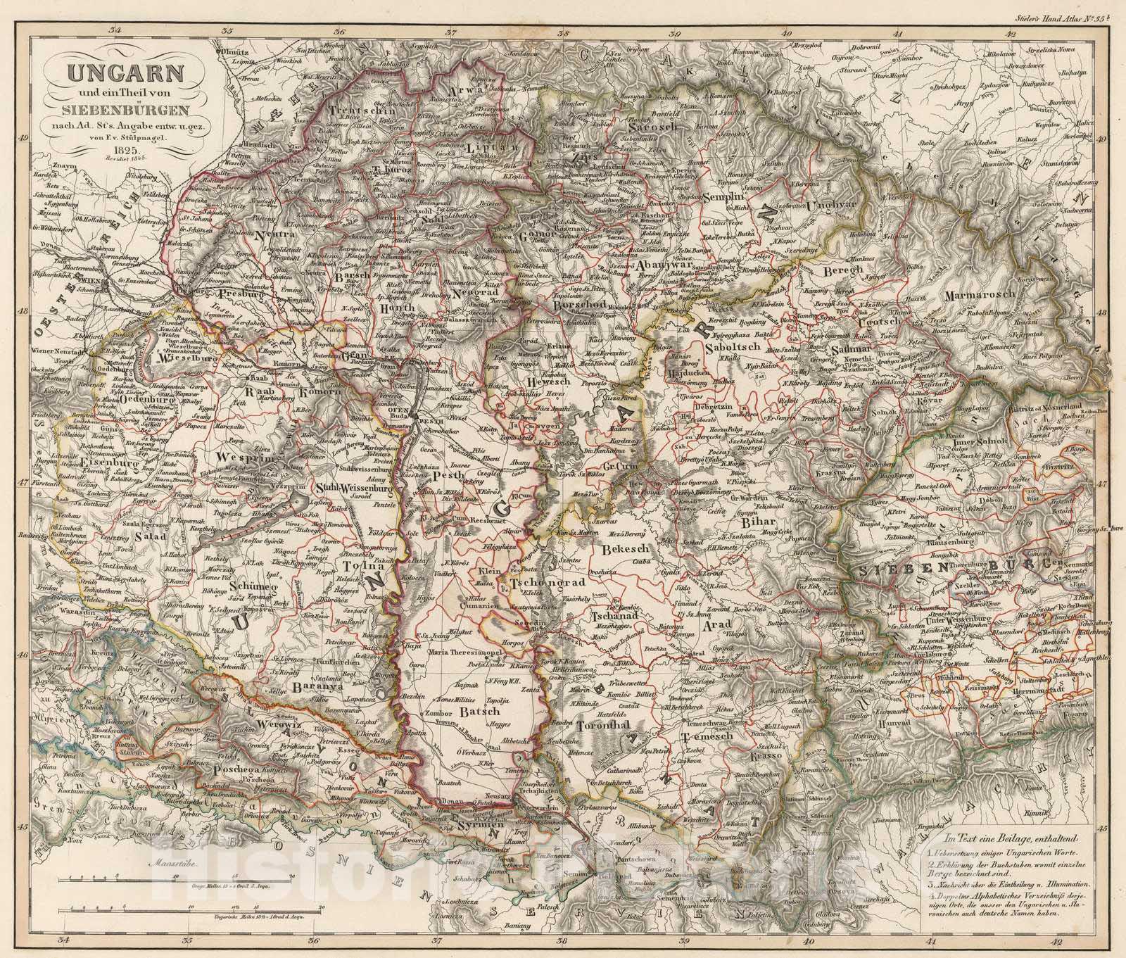 Historic Wall Map : Hungary, Transylvania 1845 Ungarn, Siebenburgen. (Hungary. Transylvania). , Vintage Wall Art