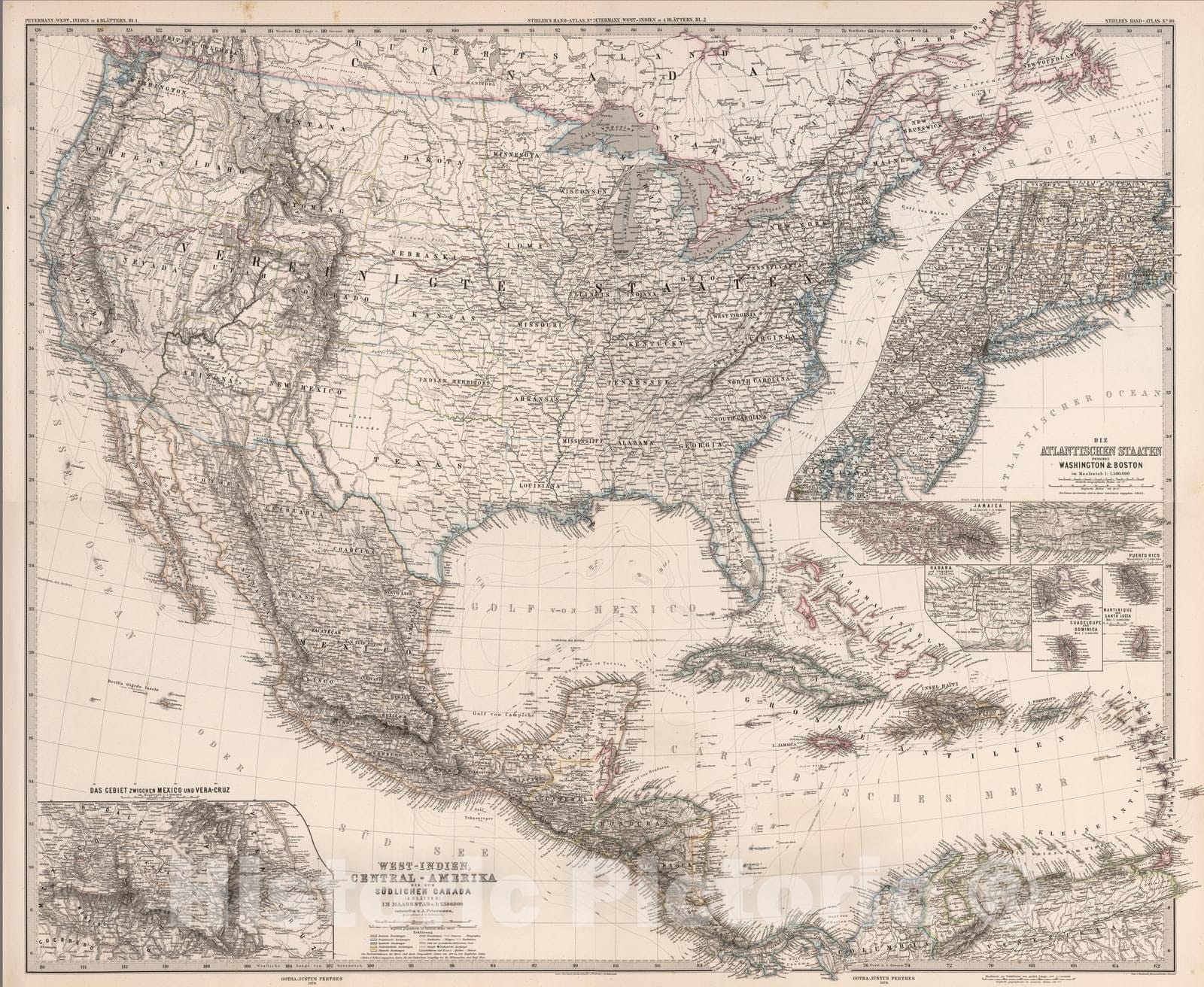 Historic Map : United States, Caribbean, West Indies 1879 Composite: West-Indien in 4 Blattern (West Indies in 4 Sheets) , Vintage Wall Art