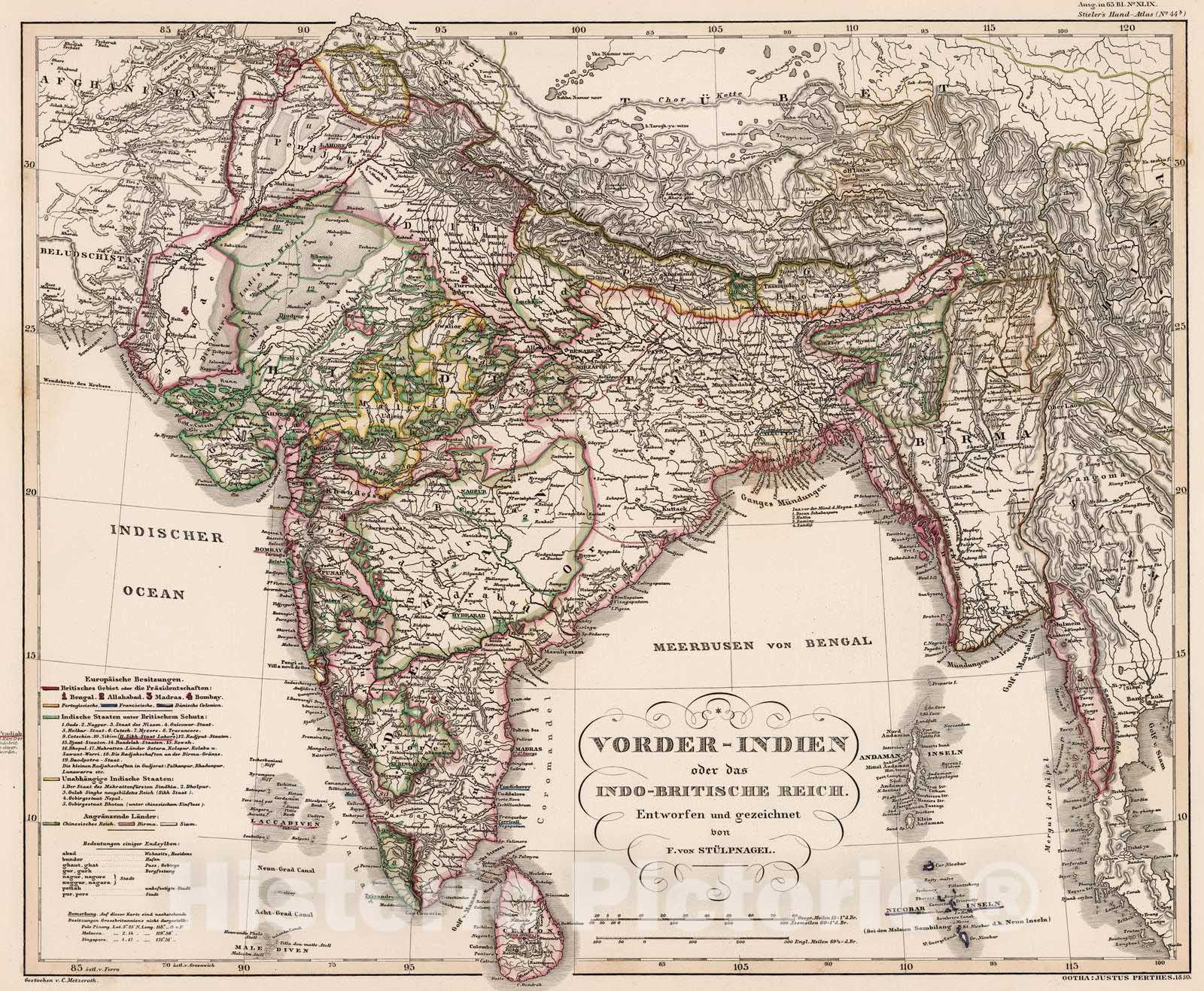 Historic Map : Bangladesh, Southwest Asia 1853 Vorder-Indien oder das Indo-Britische Reich. (India). , Vintage Wall Art