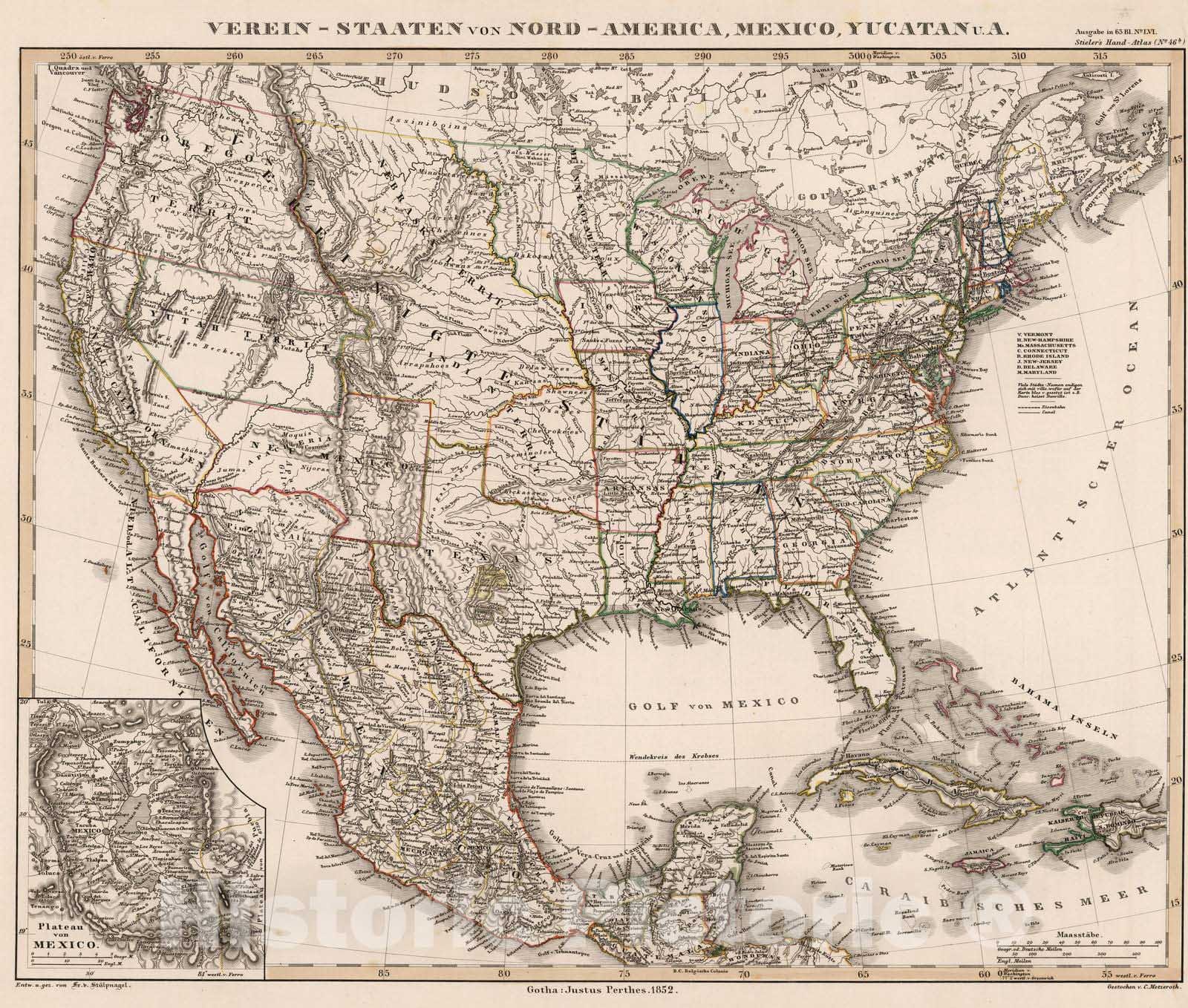 Historic Map : 1852 Nord-Amerika (North America). - Vintage Wall Art