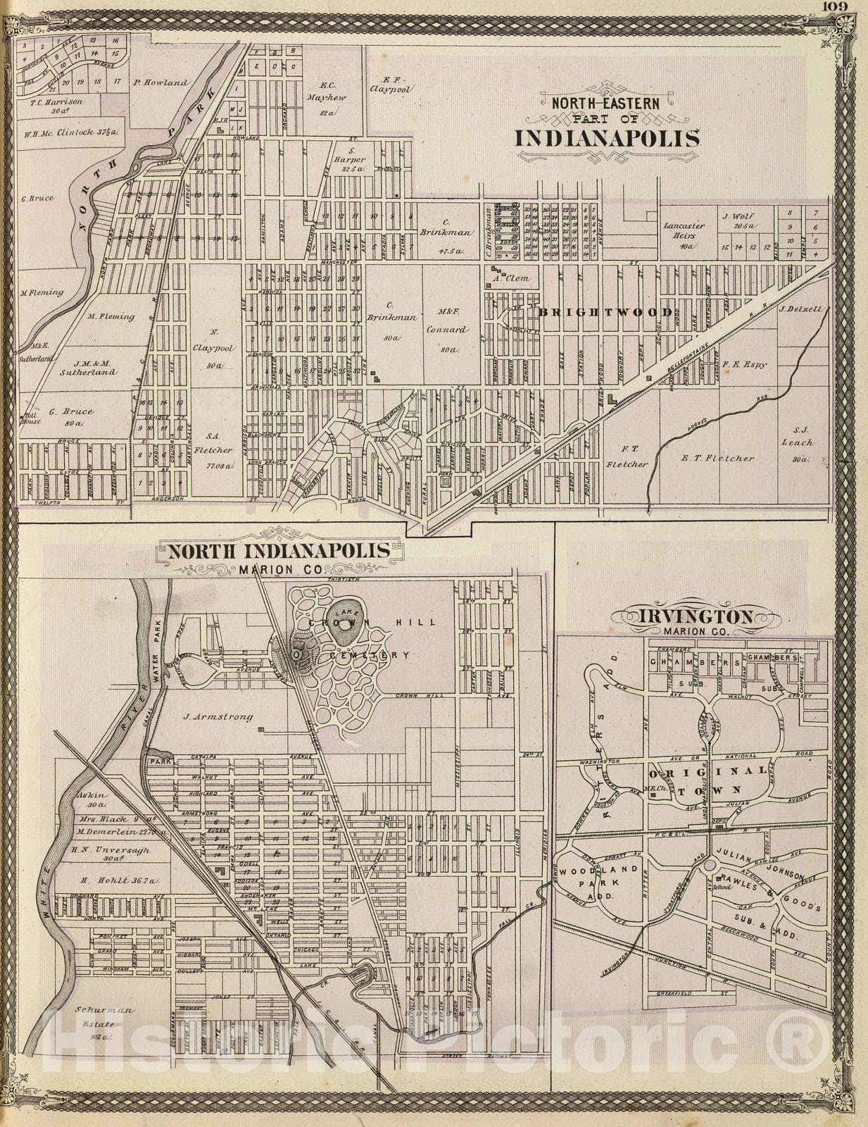 Historic Map : 1876 Northern-eastern part of Indianapolis. (with) North Indianapolis, Irvington. - Vintage Wall Art