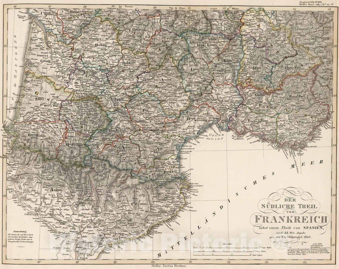 Historic Map : France, 1850 Der Sudliche Theil von Frankreich. (Southern France). , Vintage Wall Art