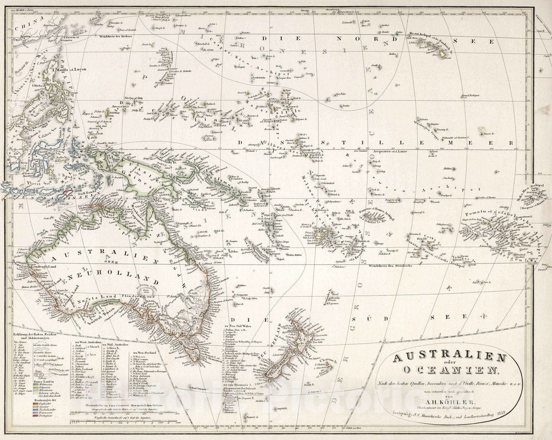 Historic Map : Australia, Pacific 1849 Australia oder Oceanien , Vintage Wall Art