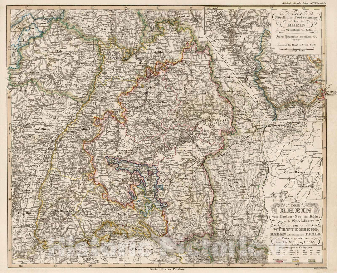 Historic Map : Germany, Rhine River 1850 Der Rhein (Rhine). , Vintage Wall Art