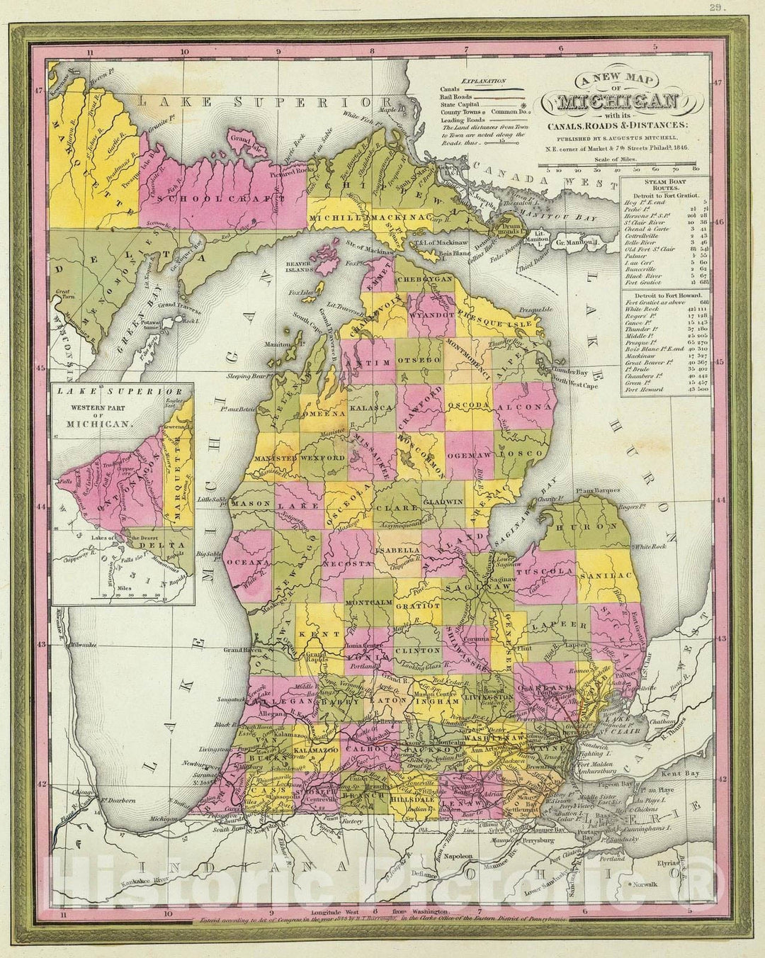 Historic Map : 1846 New Map Of Michigan. - Vintage Wall Art