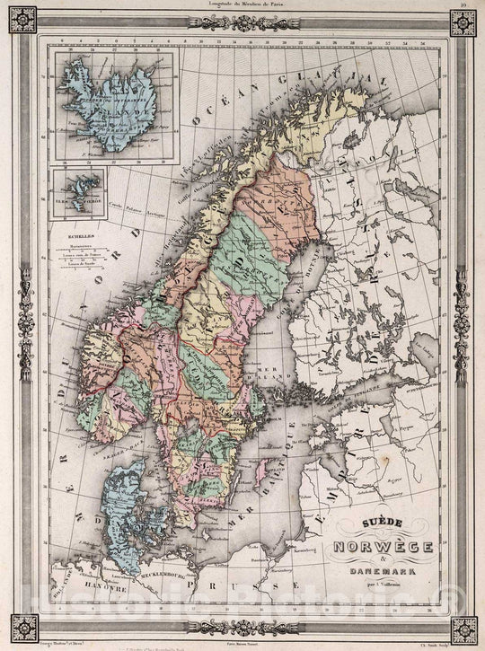 Historic Wall Map : Denmark, 1852 Suede, Norwege & Danemark. Islande. , Vintage Wall Art