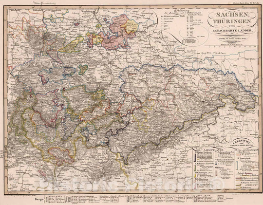 Historic Map : Germany, 1850 Sachsen, Thuringen und Benachbarte Laender. (Saxony, Thuringen and Neighboring Countries). , Vintage Wall Art