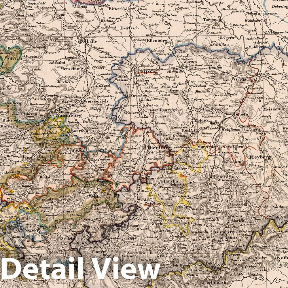 Historic Map : Germany, 1850 Sachsen, Thuringen und Benachbarte Laender. (Saxony, Thuringen and Neighboring Countries). , Vintage Wall Art