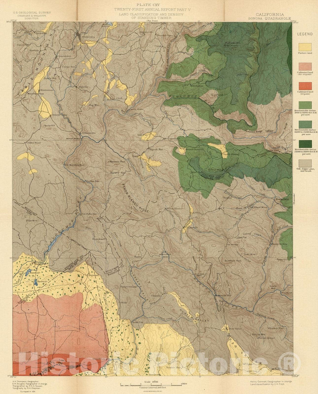 Historic Map : Geologic Atlas - 1900 Plate CXV. Sonora Quadrangle, California. Land Classification and Density of Standing Timber. - Vintage Wall Art