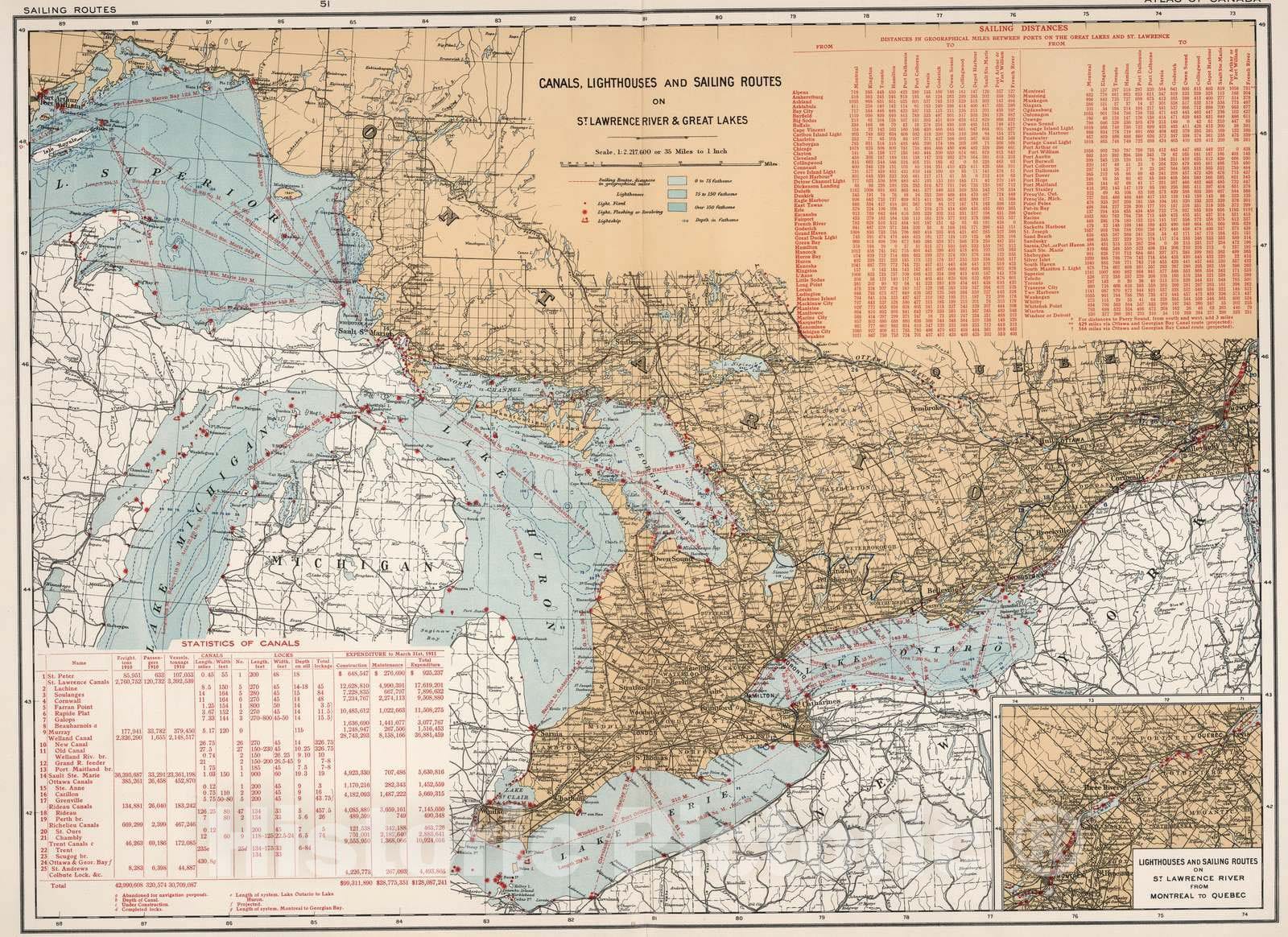 Historic Map : National Atlas - 1915 Canals, Lighthouses and sailing routes on St. Lawrence River & Great Lakes - Vintage Wall Art