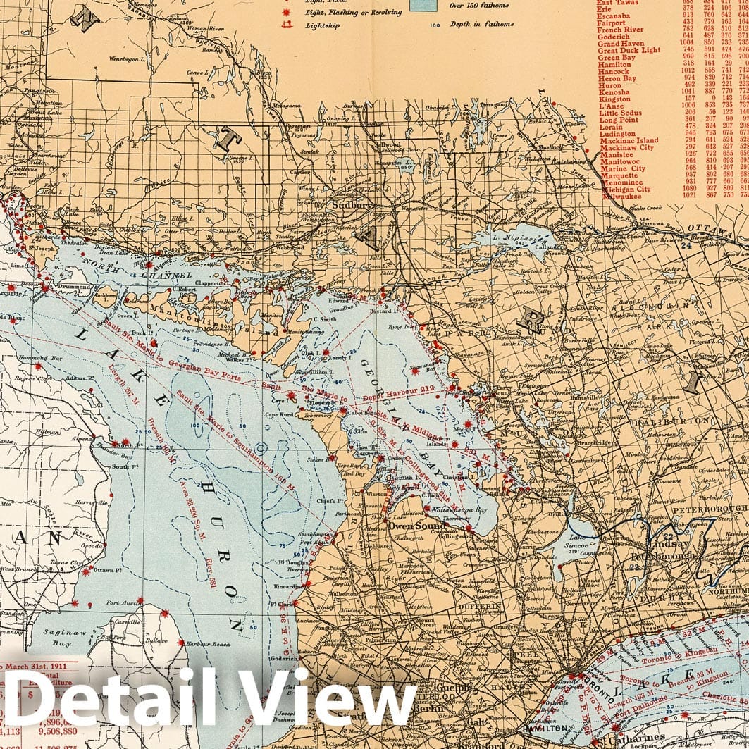 Historic Map : National Atlas - 1915 Canals, Lighthouses and sailing routes on St. Lawrence River & Great Lakes - Vintage Wall Art