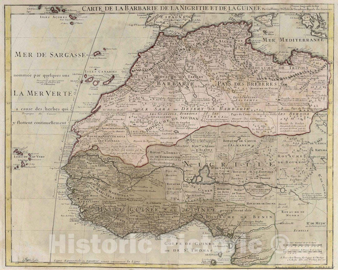 Historic Map : Africa, West 1745 Carte de la Barbarie, de la Nigritie et de la Guinee , Vintage Wall Art