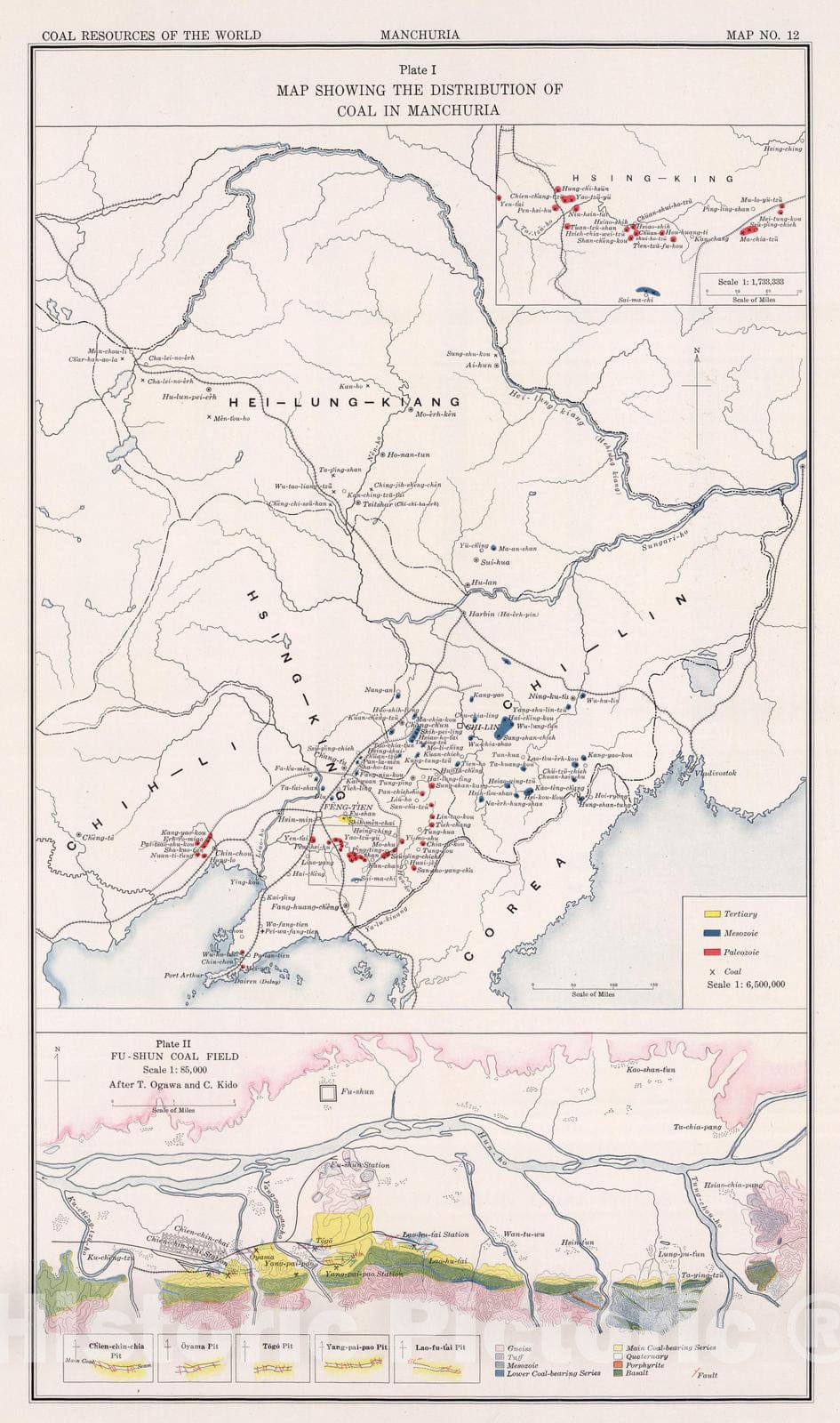 Historic Map : Geologic Atlas - 1913 Manchuria. Fu-Shun. Coal Resources of the World. - Vintage Wall Art