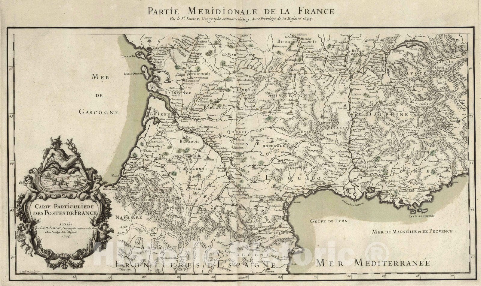 Historic Map : France, 1695 Partie Meridionale de la France (southern sheet). Carte Particulaire de Postes de France. , Vintage Wall Art