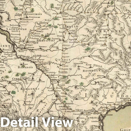 Historic Map : France, 1695 Partie Meridionale de la France (southern sheet). Carte Particulaire de Postes de France. , Vintage Wall Art