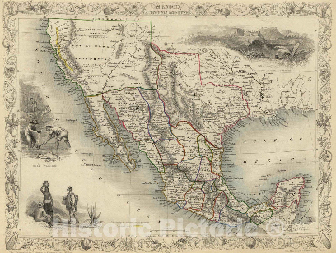 Historic Wall Map : 1851 Mexico, California and Texas. - Vintage Wall Art