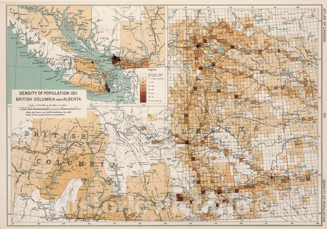 Historic Map : National Atlas - 1915 Density of population 1911: British Columbia and Alberta - Vintage Wall Art