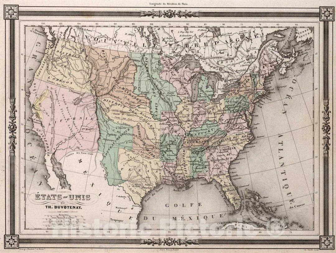 Historic Map : United States, 1852 Etats-Unis. , Vintage Wall Art