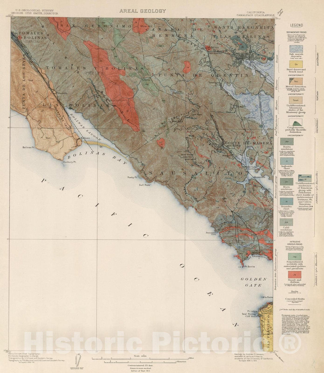 Historic Map : Geologic Atlas - 1913 Tamalpais Quadrangle. Areal Geology. - Vintage Wall Art