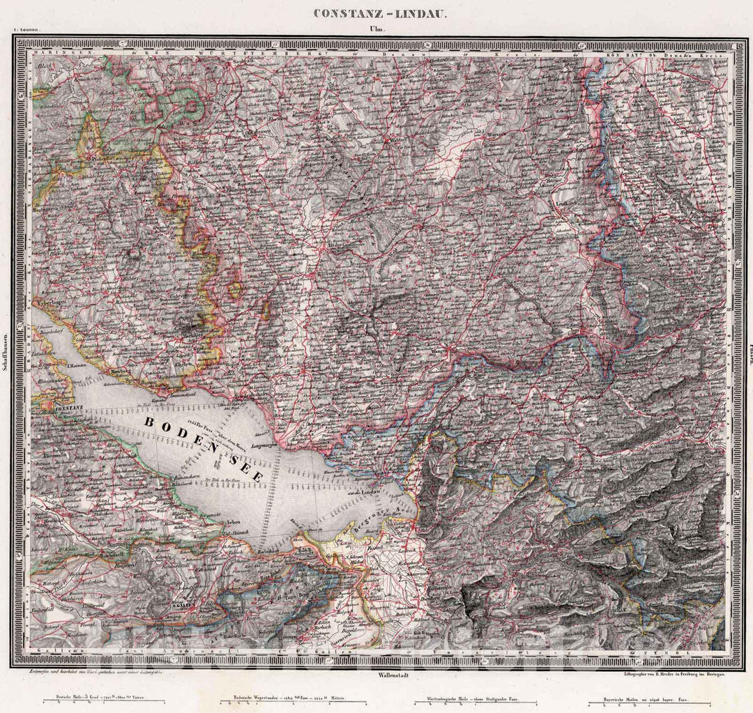 Historic Map : Switzerland, , Europe 1834 Constanz - Lindau , Vintage Wall Art